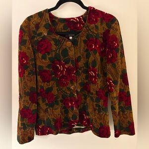 Vintage Tapestry Design Red Yellow Green Floral Velvet Blazer Button Grandmacore